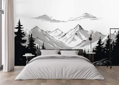 Mountain Landscape.  Forest and mountain vector black line illustration isolated white. Sketch art. Black and white Mountain landscape.  Wall mural