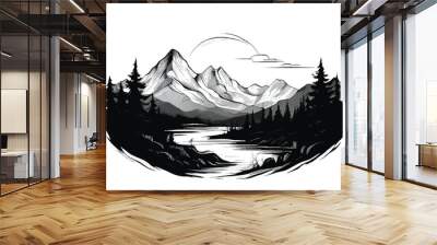 Mountain Landscape.  Forest and mountain vector black line illustration isolated white. Sketch art. Black and white Mountain landscape.  Wall mural