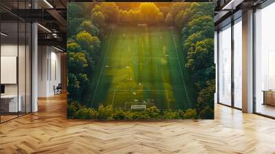 Top view of cricket pitch layout inside grass field Wall mural