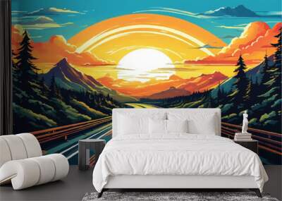 Road landscape . Gorgeous scenery featuring a road that leads to hills. highway landscape with mountains in the distance. travel for vacation. Illustration in vector form. a stunning sunset vista. Wall mural