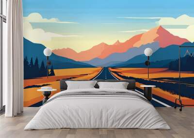 Road through hot Desert. Vector Illustration. Desert landscape illustration with beautiful sunset view. road with desert landscape. Desert.Sunset desert road way landscape vector graphic illustration. Wall mural