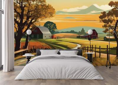 Rural landscape with field. Summer rural landscape Illustration. Beautiful Farm landscape Illustration background. Road to a peaceful farm. Vector illustration of beautiful summer fields landscape.  Wall mural