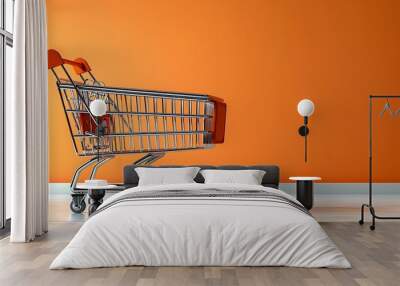 ShopHaw online shopping cart, orange backdrop, blank space on left, detailed 3D rendered photo style. Wall mural