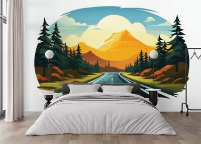 Straight road in countryside have green tree with big mountain landscape in summer morning clear sky and white cloud. Mountain road landscape. Vector illustration of highway with spring mountains.  Wall mural