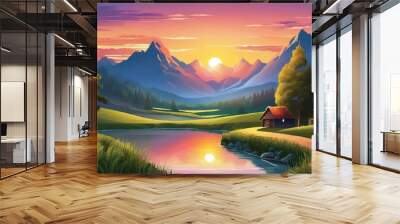 Sunrise in a beautiful nature landscape. Vector illustration Background.  Serene Sunrise. Nature. Lake.  Wall mural