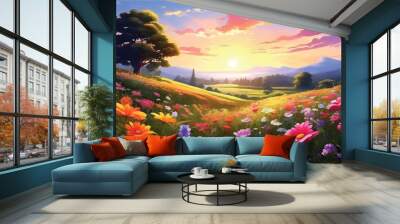 Sunset landscape with flowers, natural beauty. Sunset over a meadow of colorful spring flowers.  Beautiful field landscape with colorful Flowers and Sunset. Vector Illustration. Nature view.  Wall mural