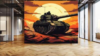 Tank. Illustration of a Army tank on battlefield. A Battlefield Landscape with war machine tank. Illustration of a military tank. Combat vehicle. Military army tank. Military Vehicle. Wall mural