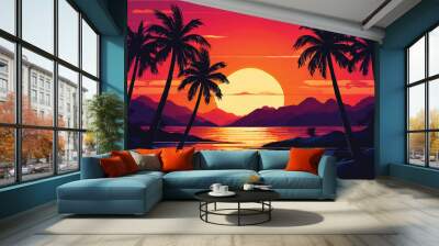 Tropical beach with palm trees, sunrise and sunset sky. Beautiful Beach landscape with palm trees. Illustration background. Wall mural