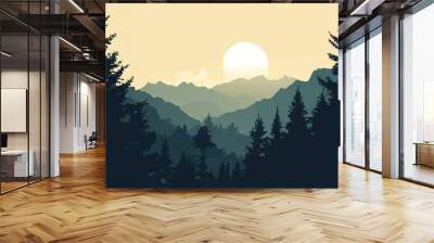 Vector landscape, sunset scene in nature with mountains and forest, silhouettes of trees and hills. Beautiful landscape of mountains and wild forest. Sunset. mountains. Forest. Illustration background Wall mural