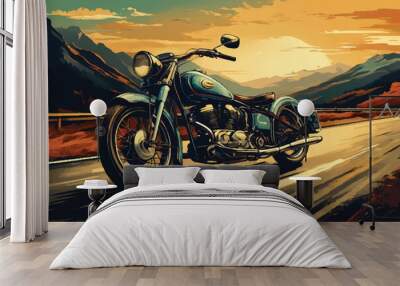 Vintage classic motorcycle on a highway. illustration of a vintage motorbike. antique motorbike. Vintage motorbike on a freeway.  Antique motorbike.  Classic Motor bike on highway road.  Bike. Wall mural