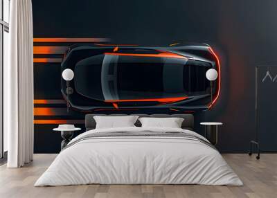 A top-down view of a sleek, high-speed sports car with glowing orange light trails speeding on a dark road. The dynamic motion and modern design emphasize speed and performance Wall mural