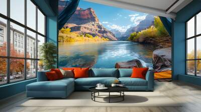 Breathtaking view of a serene mountain lake and canyon landscape from inside a tent, perfect for adventure and relaxation Wall mural