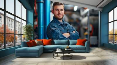 A facility technician stands with crossed arms, smiling warmly at the camera. He is in an industrial setting, showcasing his expertise and confidence in his role, surrounded by machinery Wall mural