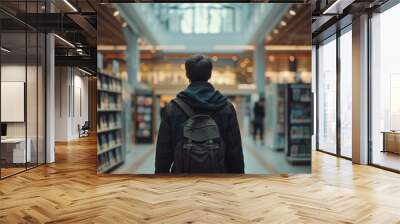 A young man explores the vast collection of books inside a modern library on a quiet afternoon Wall mural