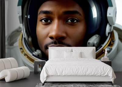 Afroamerican man in space suit, an astronaut floating inside the Space Station, surrounded by high-tech equipment and instruments, reflections of sunlight off the space station's surfaces. Banner Wall mural