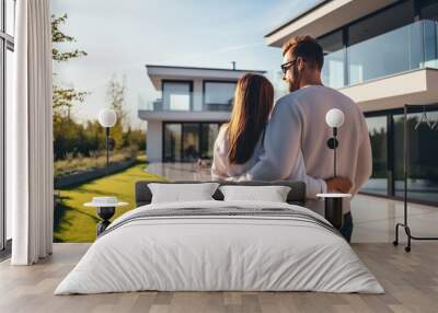 Back portrait of caucasian young couple standing and hugging together looking happy in front of their new house to start new life. Family, age, home, real estate and people concept Wall mural