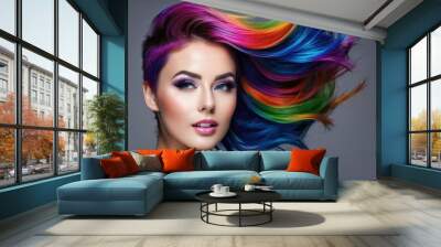 Beautiful woman with rainbow hairs fly up from the wind. Pretty woman with make up, clean skin and long curly shiny colorful hair. Close-up portrait on gray background Wall mural