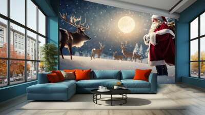 cinematic film still santa claus with deers flying in the sky on christmas eve at night, masterpiece, ultrasharp . shallow depth Wall mural