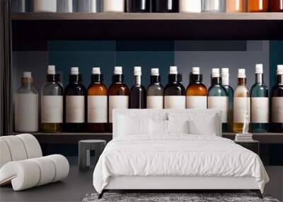 Close-up of a shelf with bottles in chemical laboratory. Various pills for medicine. Pharmaceutical concept of healthcare, pharma industry, medication and drugs production. Medical research Banner Wall mural