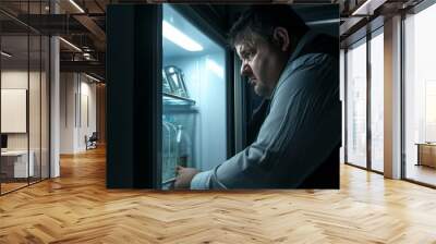 Close up of fat man break diet and takes at night dangerous unhealthy sweet from fridge. Oversized guy looks sad into empty refrigerator. Healthcare and lifestyle concept Wall mural