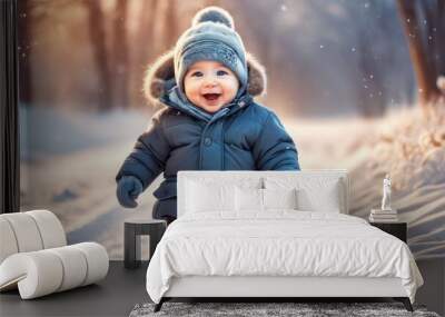 Happy little baby boy making outdoors in winter. Cute toddler in winter cloth. Child having fun on cold day. Winter walk outdoors Wall mural