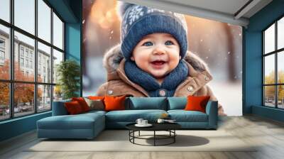 Happy little baby boy making outdoors in winter. Cute toddler in winter cloth. Child having fun on cold day. Winter walk outdoors Wall mural