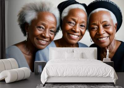 Happy multiracial senior women having fun together outdoor - Elderly generation people hugging each other at nursing home. Generative AI Wall mural