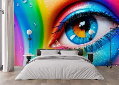 Looking eye colorful style abstraction, human face stylized design element, with colorful splats. Can be used as displays, posters, wall decoration, murals, screened on clothes, bags. Generative AI Wall mural