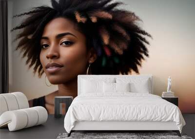 Portrait of a cheerful Afroamerican young woman sitting and looking at the camera on white background. copy space. Happy, youth and lifestyle concept. Generative AI Wall mural