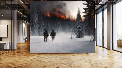 Soldiers in winter camouflaged uniform in Modern warfare army on a snow day on forest battlefield with a rifle. Contemporary battlefield. Modern war. Special military operation. Banner. Generative AI Wall mural