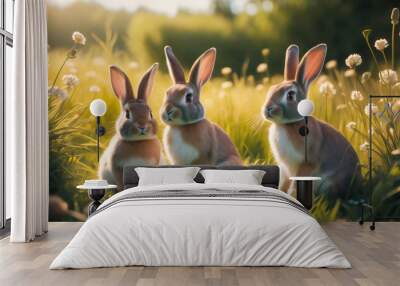 Two cute adorable rabbits sitting in a grassy field. Easter bunnies on spring meadow lawn with green grass and flowers, clear sunny day. Warm and friendly atmosphere, pleasant weather. Wall mural