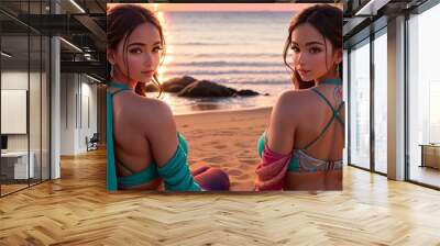 Two incredibly beautiful sexy girl models in bikini on the sea shore of a tropical island, brunette, bronze tan, travel summer vacation, fashion style. Evening sky and water background. Generative AI Wall mural