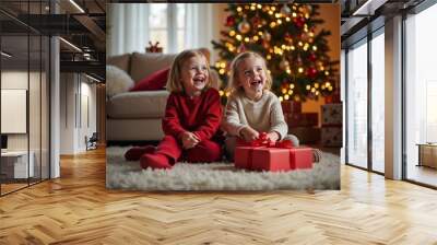 Two joyful children sitting on a cozy rug near a decorated Christmas tree with presents during the festive holiday season Wall mural