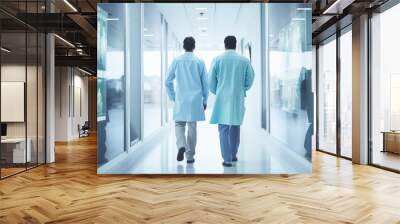 Two medical professionals in scrubs stroll through a bright hospital corridor, engaged in conversation about patient care and treatments as they pass by medical images Wall mural