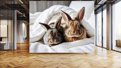 Two rabbits are curled up under a white fluffy blanket on top of the bed. Couple cute Easter bunny baby rabbits laying on cozy background. Pascha, Resurrection Sunday, Christian cultural holiday Wall mural