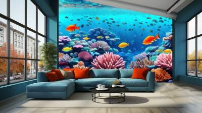 underwater coral reef landscape wide panorama background in the deep blue ocean with colorful fish and marine life . Banner Wall mural