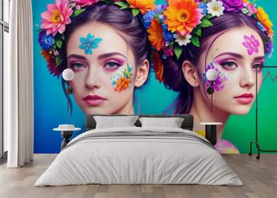 Young glamour attractive sexy european brunette girl with beautiful colorful paint on her face posing for fashion photo shoot with flowers in her long hair in front of color background. Generative AI Wall mural