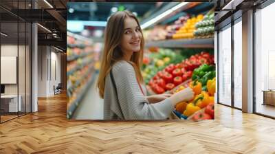 Young woman happily shopping for fresh vegetables in a supermarket during a sunny afternoon Wall mural