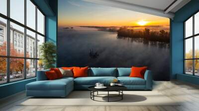 sunrise over the river with fog golden hour Wall mural