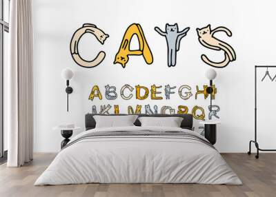 Cats hand drawn vector font type in cartoon comic style with domestic animals Wall mural