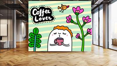 Coffee lover hand drawn vector illustration in cartoon comic style man holding cup Wall mural