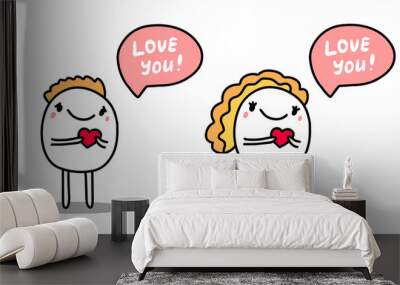 Love you hand drawn vector illustration in cartoon comic style man girl saying speech bubble Wall mural