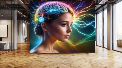 where a person's mind is illuminated by the gentle glow of electrical impulses, conveying a sense of hope, renewal, and healing Wall mural