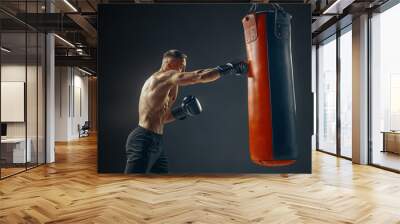 Boxer at the moment of impact on punching bag over black background Wall mural