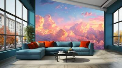 A cluster of soft pink cotton candy clouds drifting lazily across a pastel-colored sky during sunset, painting the horizon with hues of orange and gold. Wall mural