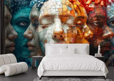 A conceptual image of a made up of diverse faces, representing global diversity.  Wall mural