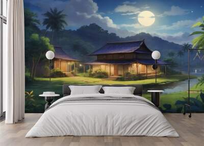 A house with a blue roof in a lush green landscape under a full moon. Wall mural