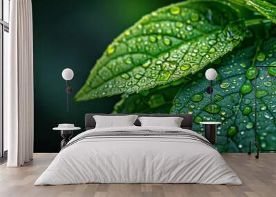 A macro shot revealing the intricate details of condensation forming on a leaf after a rain shower. Wall mural