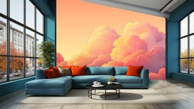 A mass of soft pink cotton candy clouds floats across a pastel sunset sky, marking the horizon with orange and gold. Wall mural