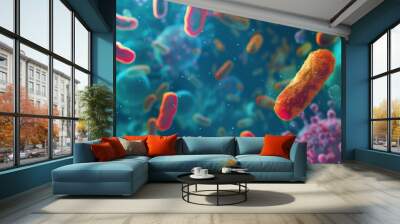 A mesmerizing background depicting a colony of colorful bacteria swimming in a nutrient broth. Wall mural